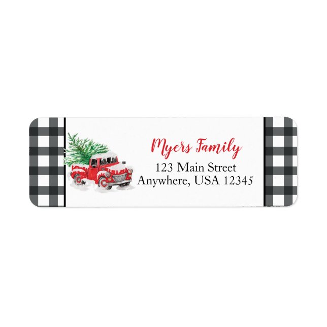 Christmas red truck black buffalo plaid label (Front)