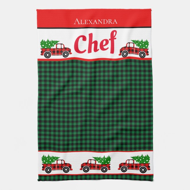 Christmas Red Truck Chef Green Buffalo Plaid  Apro Kitchen Towel (Vertical)