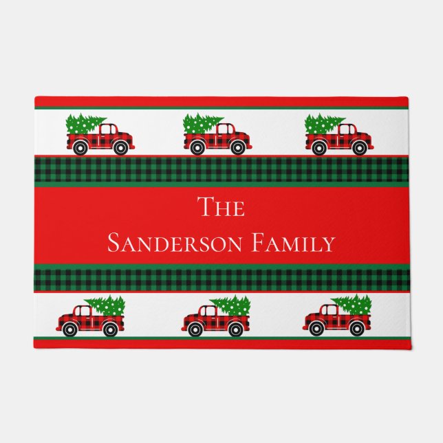 Christmas Red Truck Chef Green Buffalo Plaid Doormat (Front)