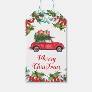 Christmas Red Truck Holly Berry Wreath Watercolor Gift Tags