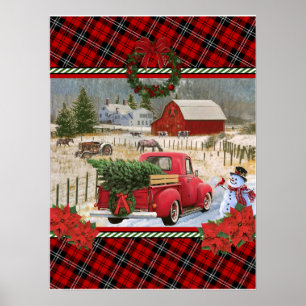 christmas red truck on horse farm painting  poster