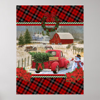 christmas red truck on horse farm painting poster