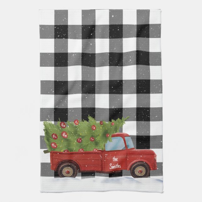 Christmas Red Truck On Plaid Kitchen Towel (Vertical)