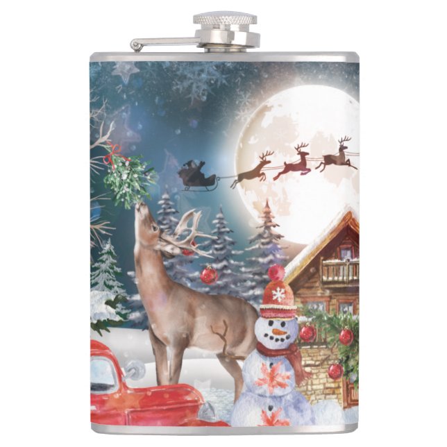 Christmas Red Truck Santa Rustic Winter Holidays Hip Flask (Front)