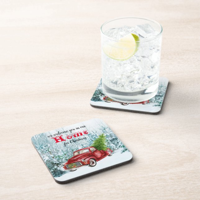 Christmas Red Truck Tree Winter Scene Coaster (Right Side)