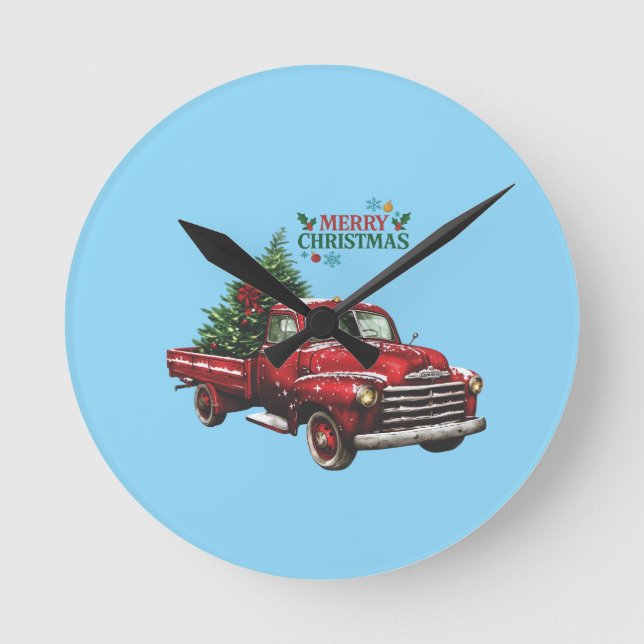 christmas, red, truck, vintage, round clock (Front)