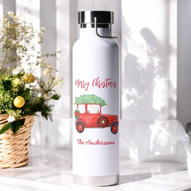 Christmas Red Truck White Festive Holiday Water Bottle (Creator Uploaded)