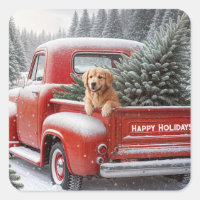 Christmas Red Truck With Golden Retriever