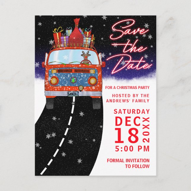 Christmas Red Van Reindeer Presents Snow Save Date Announcement Postcard (Front)