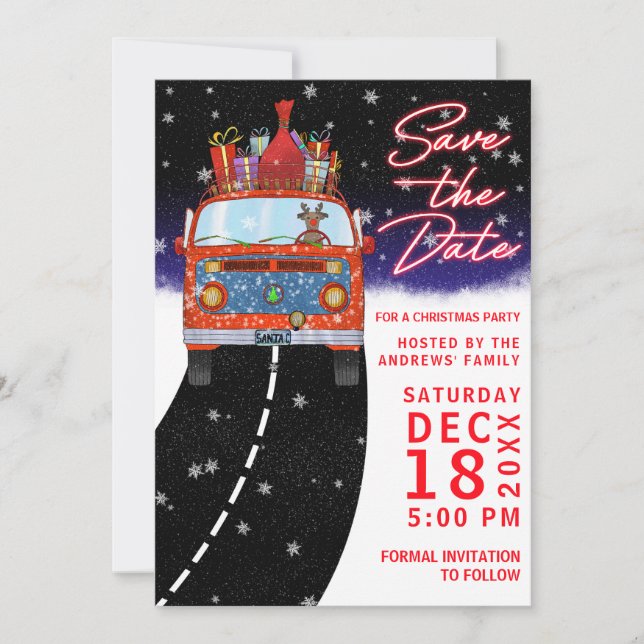 Christmas Red Van Reindeer Presents Snowy Party Save The Date (Front)