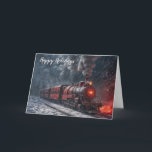 Christmas Red Vintage Snow Train Card<br><div class="desc">Old red train with steam locomotive in a snowstorm with "Happy Holidays" text.
All text can be changed or deleted.</div>