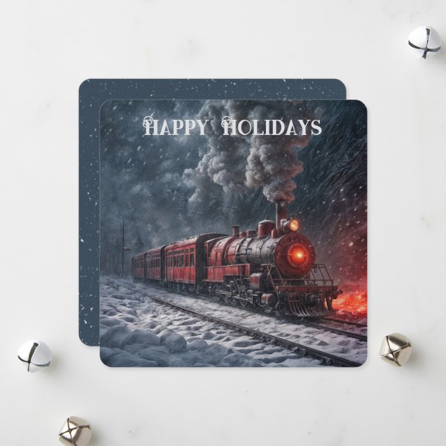 Christmas Red Vintage Snow Train Holiday Card (Front/Back In Situ)