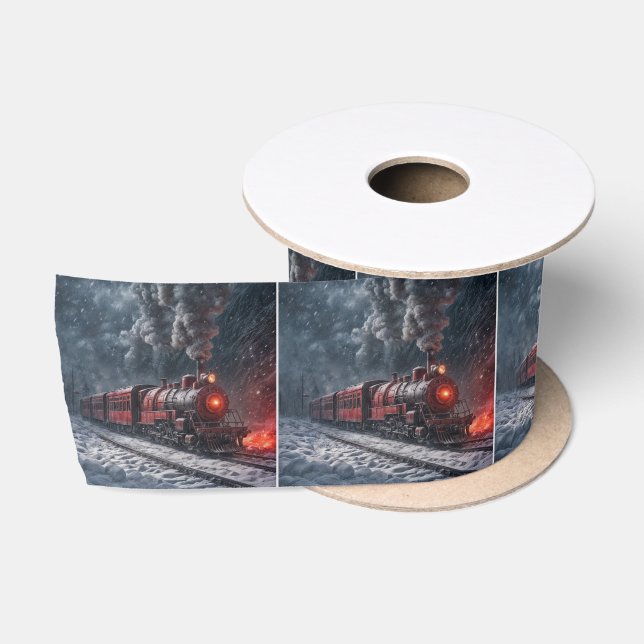 Christmas Red Vintage Snow Train Satin Ribbon (Spool)