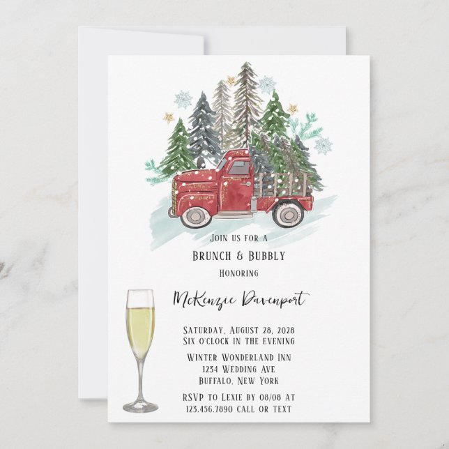 Christmas Red Vintage Truck Brunch & Bubbly Invitation (Front)