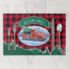 Christmas Red Vintage Truck Buffalo Plaid Add Name