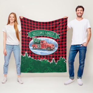 Christmas Red Vintage Truck Buffalo Plaid Add Name Fleece Blanket