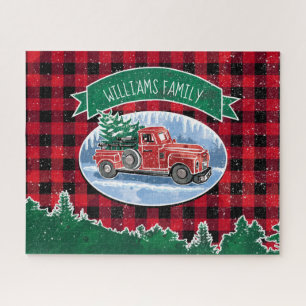 Christmas Red Vintage Truck Buffalo Plaid Add Name Jigsaw Puzzle