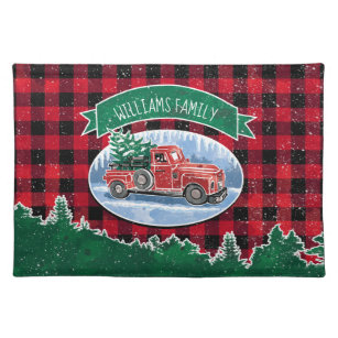 Christmas Red Vintage Truck Buffalo Plaid Add Name Placemat