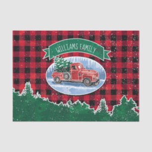 Christmas Red Vintage Truck Buffalo Plaid Add Name Tissue Paper
