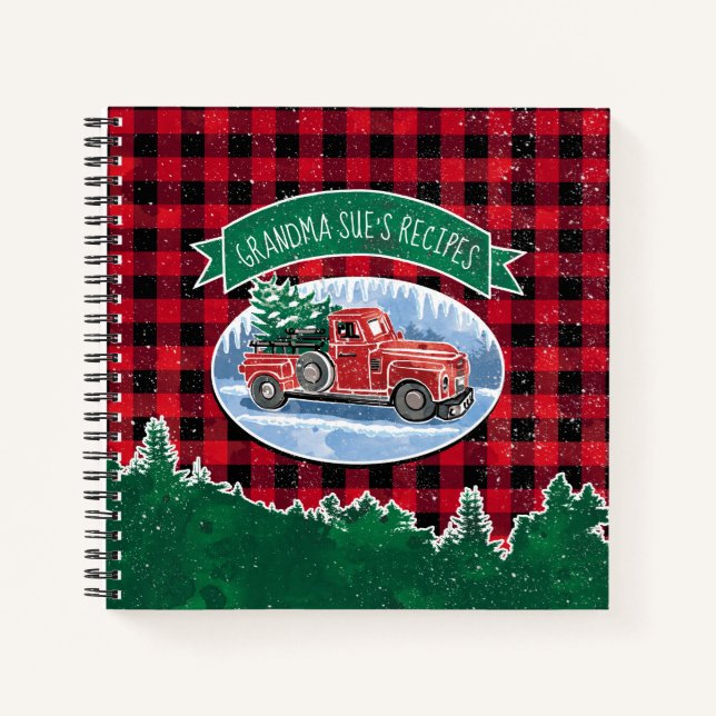 Christmas Red Vintage Truck Buffalo Plaid Recipe Notebook (Front)