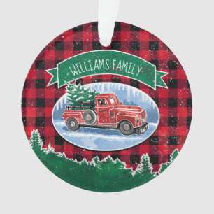 Christmas Red Vintage Truck Plaid Add Photo Name Ornament