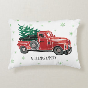 Christmas Red Vintage Truck w/ Snowflake Monogram Accent Pillow