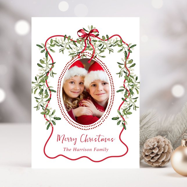 Christmas Red Wavy Frame Bow Greenery Photo Holiday Card (Share the love and warmth of the holiday season with this personalized photo Christmas card)