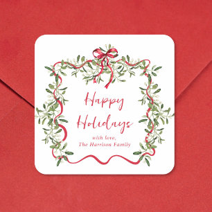 Christmas Red Wavy Frame Bow Happy Holidays Square Sticker