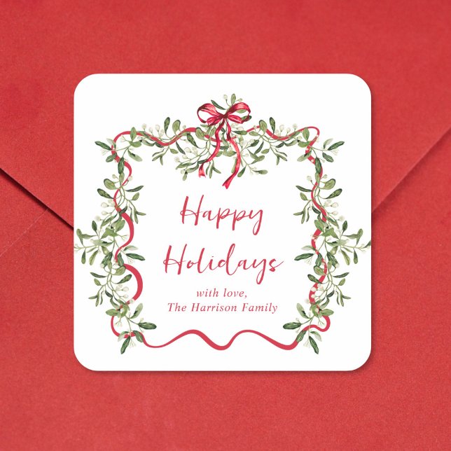 Christmas Red Wavy Frame Bow Happy Holidays Square Sticker (Creator Uploaded)