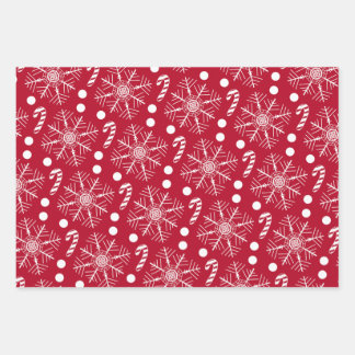 Christmas Red & White 3 Cartoon Classic Patterns Wrapping Paper Sheet