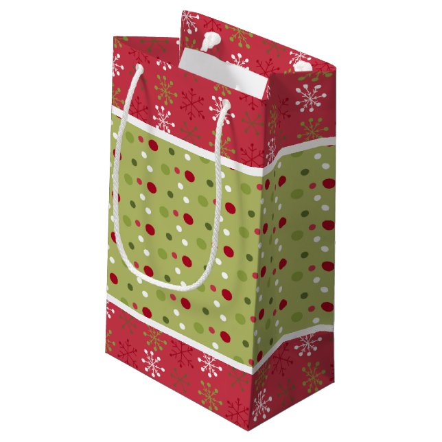 Christmas Red, White and Green Snowflakes, Dots  Small Gift Bag (Back Angled)