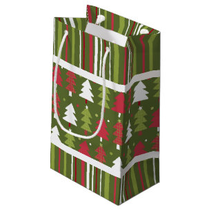 Christmas Red, White and Green Trees and Stripes Small Gift Bag