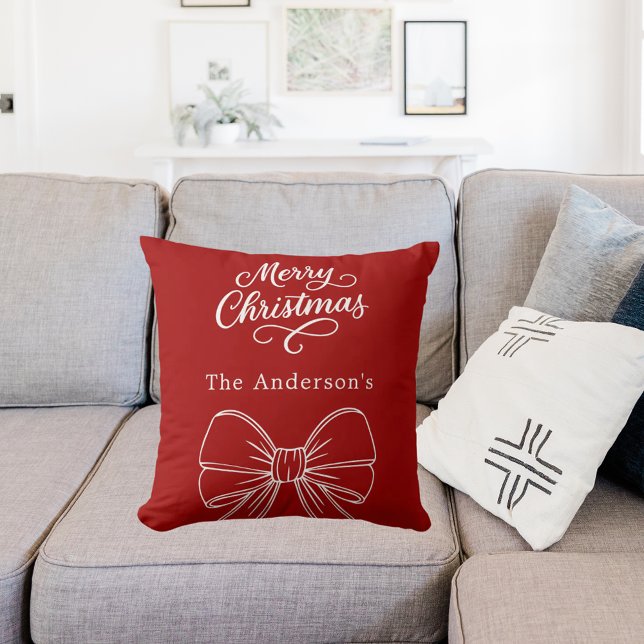 Christmas red white bow script  throw pillow (Creator Uploaded)