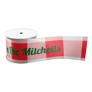 Christmas Red White Check NAME Satin Ribbon