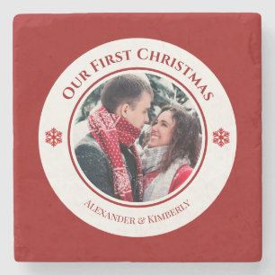 Christmas Red White Circle with Top Bottom Texts Stone Coaster