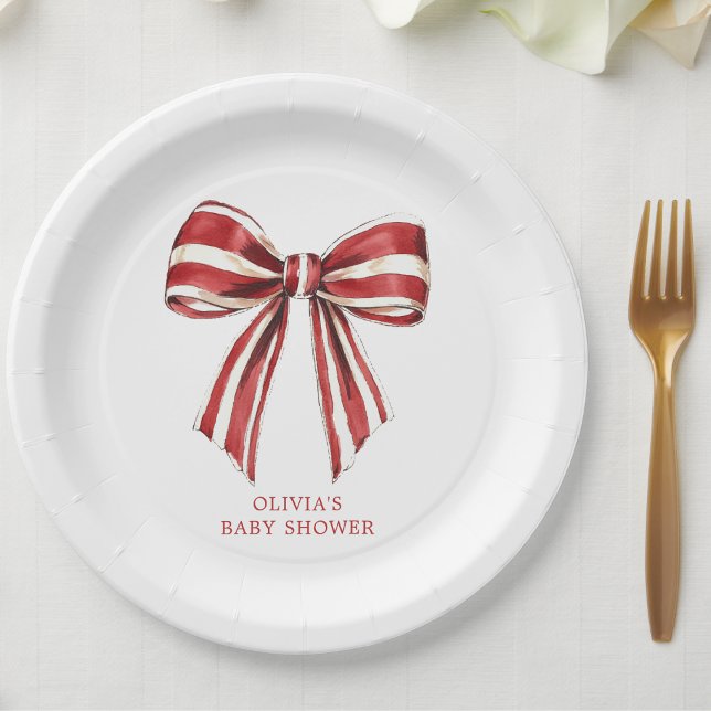 Christmas Red | White Coquette Bow Baby Shower Paper Plate (Creator Uploaded)