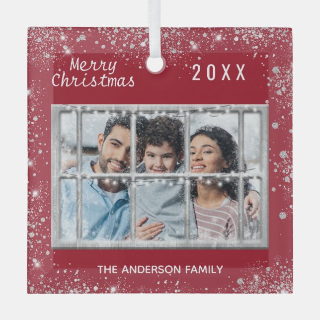 Christmas red white family photo winter window glass ornament (Front)
