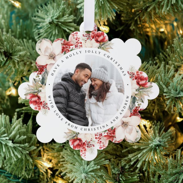 Christmas Red & White Flowers Photo Square Ornament Card (Insitu (Tree))