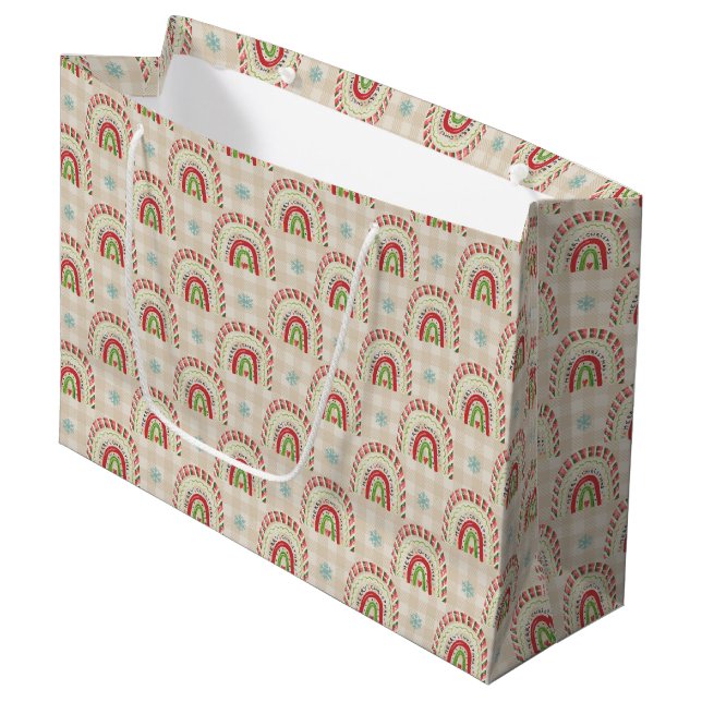 Christmas Red White Green Rainbows & Snowflakes   Large Gift Bag (Front Angled)
