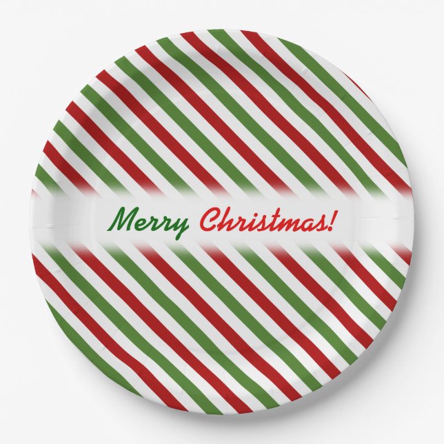 Christmas; Red, White & Green Striped Pattern Paper Plate (Front)