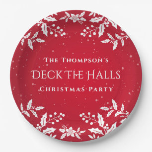 Christmas Red. White Holly, Deck-The-Halls Party Paper Plate