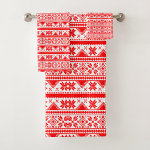 Christmas Red & White Norwegian Sweater Pattern Bath Towel Set