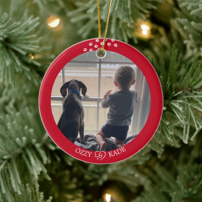 Christmas Red White Personalized Child Pet Photo Ceramic Ornament (Tree)