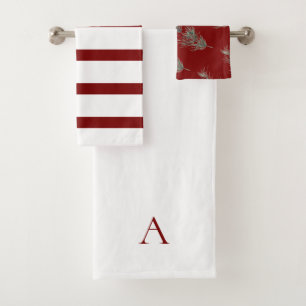 Christmas Red & White Personalized Monogram Pine Bath Towel Set