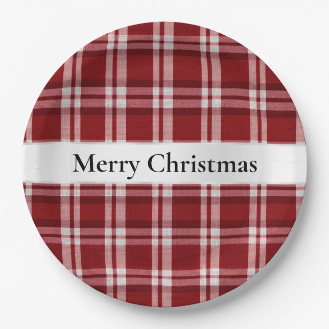 Christmas Red White Plaid Paper Plate (Front)