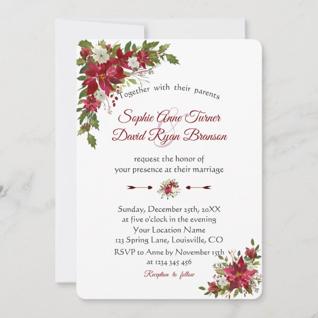Christmas Red White Poinsettia Wedding Invitation (Front)