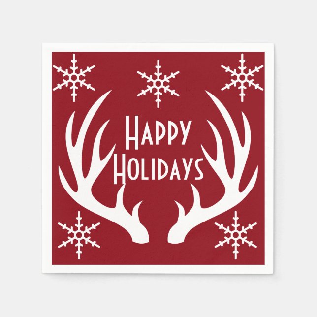 Christmas Red & White Reindeer Antlers Snowflakes Napkin (Front)