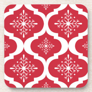 Christmas Red White Snowflakes Lattice Pattern Coaster