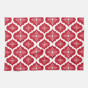 Christmas Red White Snowflakes Lattice Pattern Kitchen Towel