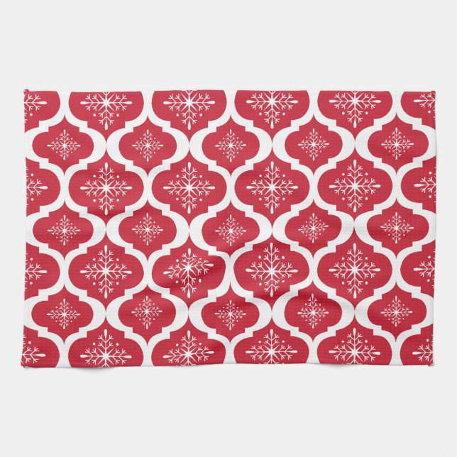 Christmas Red White Snowflakes Lattice Pattern Kitchen Towel (Horizontal)